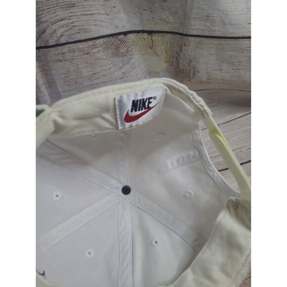 Inside view of white tag Nike cap 90s showing vintage Nike label and sewn details