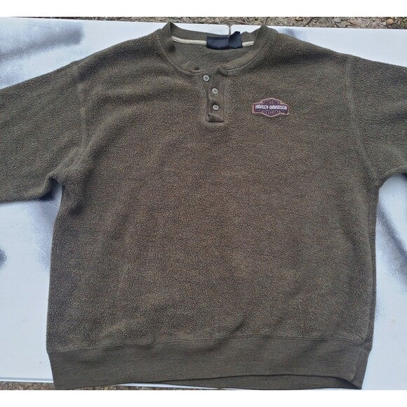 Vtg Harley Davidson Henley Sweatshirt Olive Green