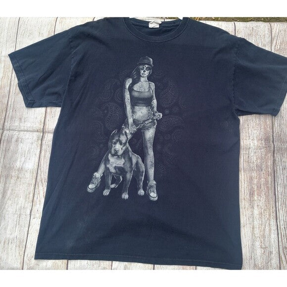 Vtg y2k Day of the Dead Pinup Pit Bull Tee shirt