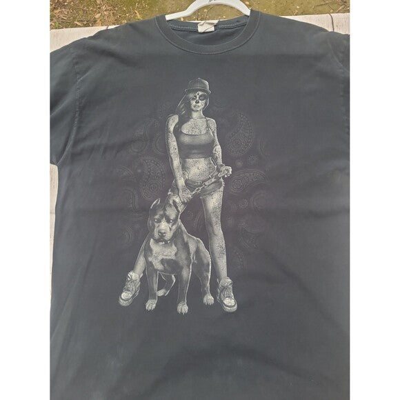 Vtg y2k Day of the Dead Pinup Pit Bull Tee shirt