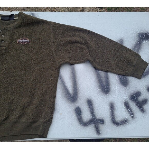 Vtg Harley Davidson Henley Sweatshirt Olive Green