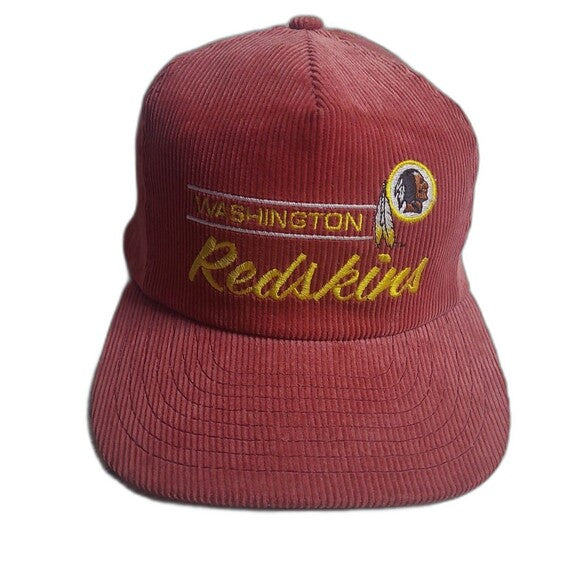 Washington Redskins vintage corduroy hat in faded maroon with embroidered team logo and lettering