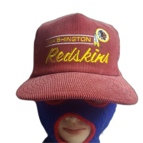 Washington Redskins vintage corduroy hat in maroon with yellow embroidered logo and text
