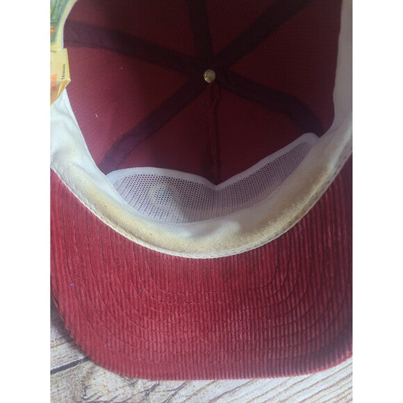 Inside view of a Washington Redskins vintage corduroy hat showing red fabric and inner mesh lining