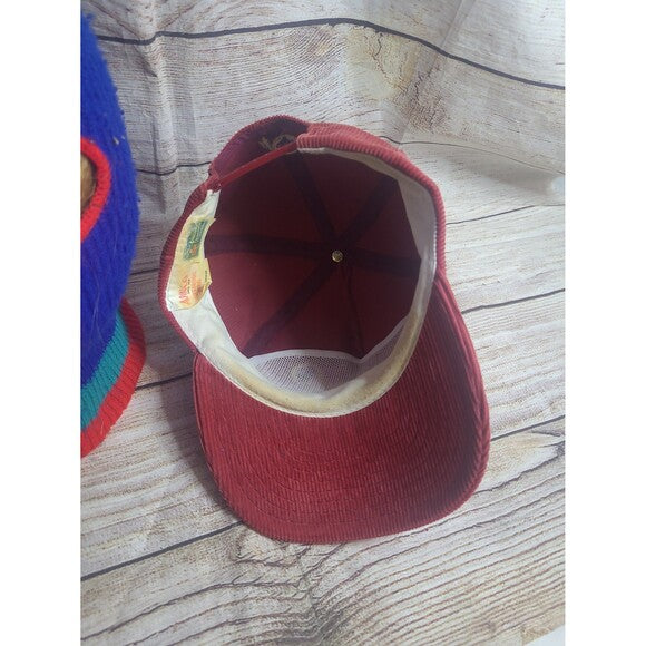 Washington Redskins vintage corduroy hat in red shown from inside with RetroVintage Thrift tag