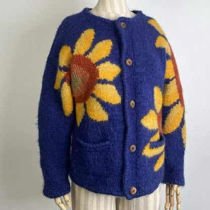 Vintage 90s  Express Tricot Cardigan handknit Sweater  Sunflower Amano