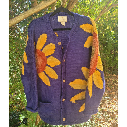 Vintage 90s  Express Tricot Cardigan handknit Sweater  Sunflower Amano