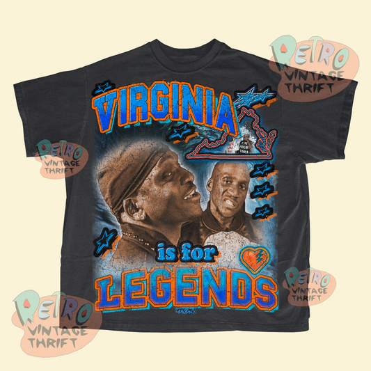 Clipse graphic tee Virginia Legends with retro style blue and orange text and images on black shirt