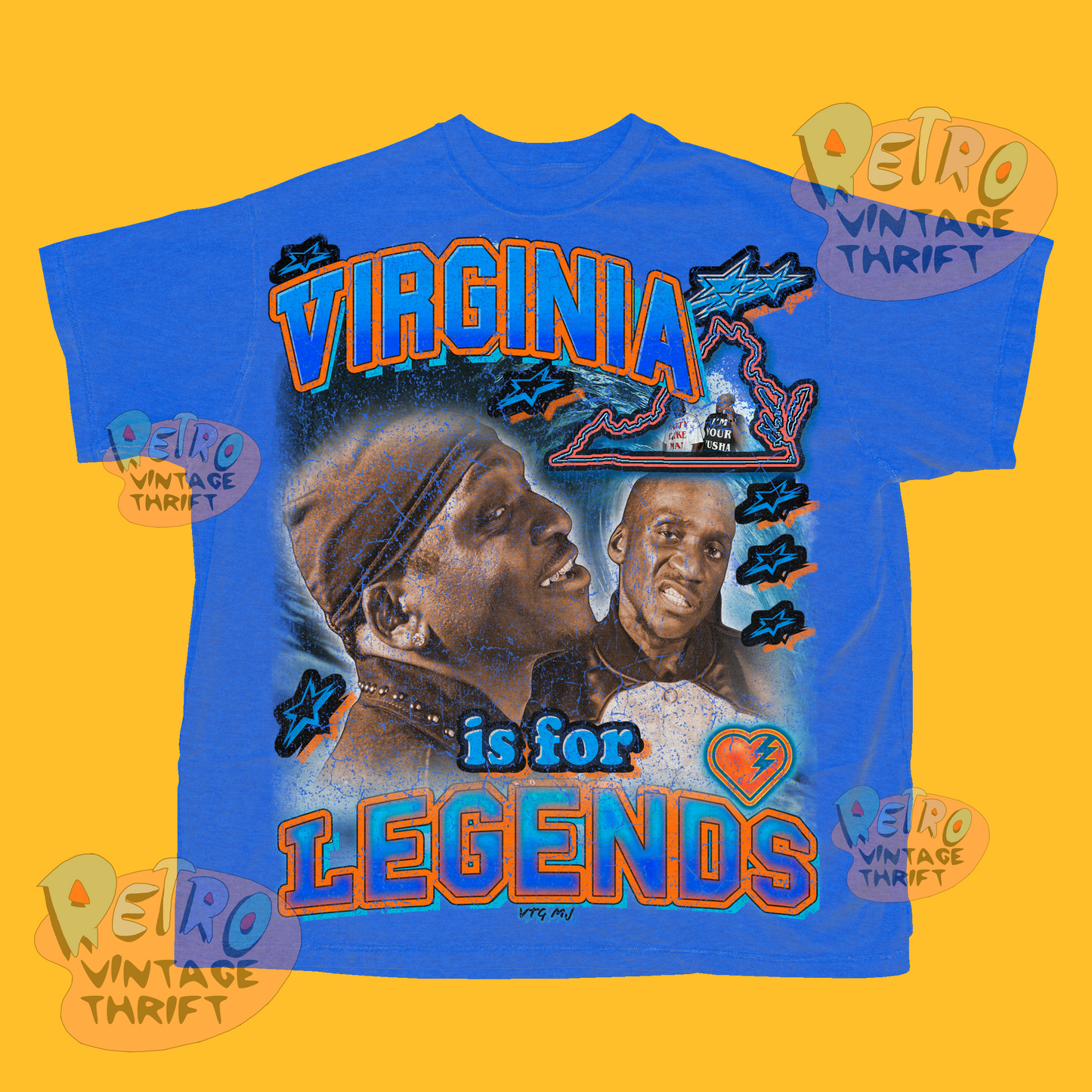 Clipse graphic tee Virginia Legends blue vintage shirt with bold orange and blue text and artists portraits