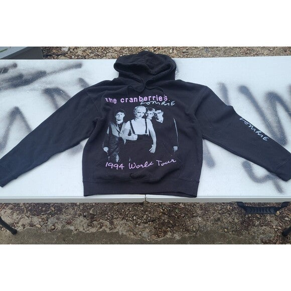 Black Cranberries 1994 tour hoodie with band photo and purple text from RetroVintage Thrift