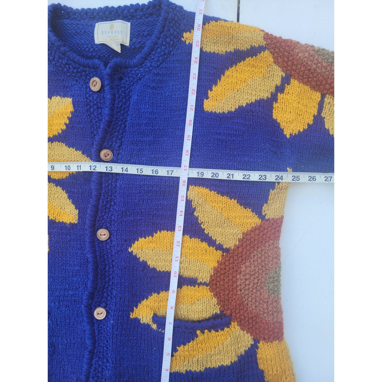 Vintage 90s  Express Tricot Cardigan handknit Sweater  Sunflower Amano