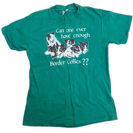 Green vintage border collie shirt with multiple border collie illustrations and text design