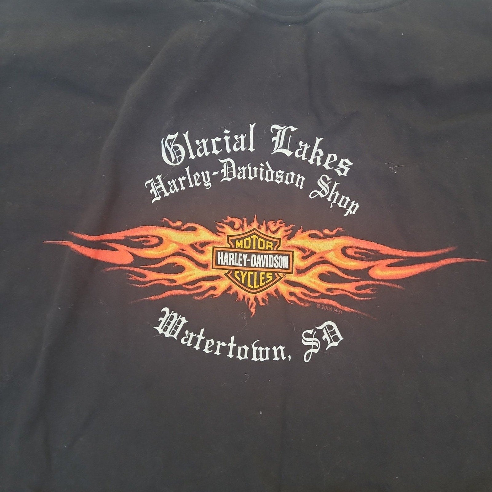 Black vintage Harley Davidson shirt with Glacial Lakes Harley-Davidson Shop logo and fiery design