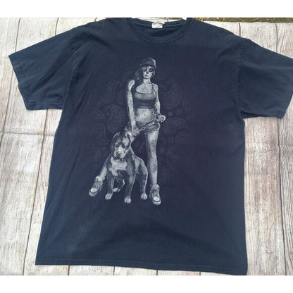 Vtg y2k Day of the Dead Pinup Pit Bull Tee shirt
