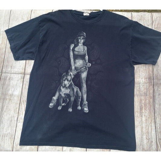 Vtg y2k Day of the Dead Pinup Pit Bull Tee shirt