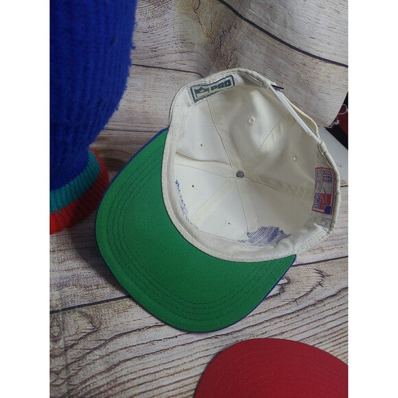 Vintage Sports Specialties Lions hat with green brim shown from inside on wooden surface