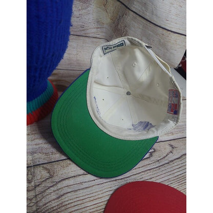 Vintage Sports Specialties Lions hat with green brim shown from inside on wooden surface