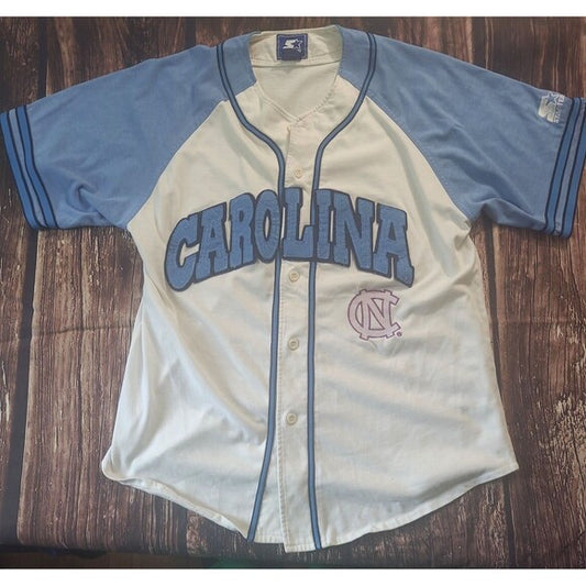 Vintage Starter Carolina Tarheels Baseball Jersey with Carolina lettering and NC logo in blue and white