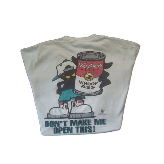 Vintage Open A Can of Whoop Inc humor shirt with cartoon character holding a can and bold text