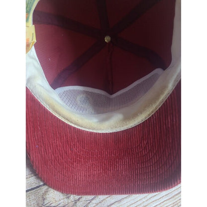 Inside view of a Washington Redskins vintage corduroy hat showing red fabric and inner mesh lining